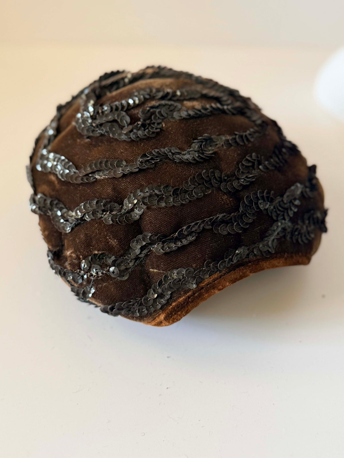 Vintage 1940s Brown Velvet Sequin Half Hat Black Sequin Swirl Cocktail Hat Women's WWII Era Sculptural Millinery