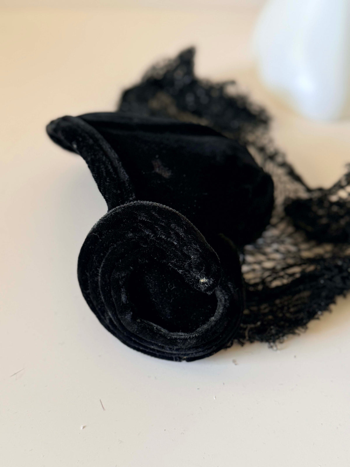 Antique 1930s Black Velvet Tilt Hat Side Sculpted Coil Black Lace Veil Women's Art Deco Evening Cocktail Millinery