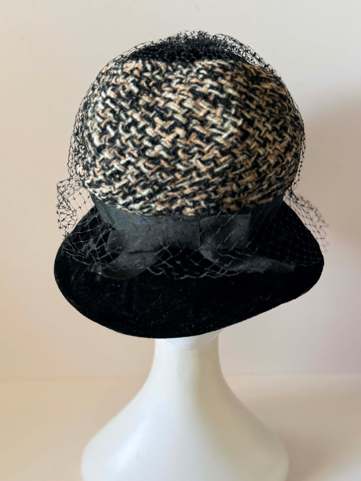 Vintage 1950s Black Velvet Tweed Cloche Hat Black Veil Bow Women's Mid Century Cocktail Church Millinery