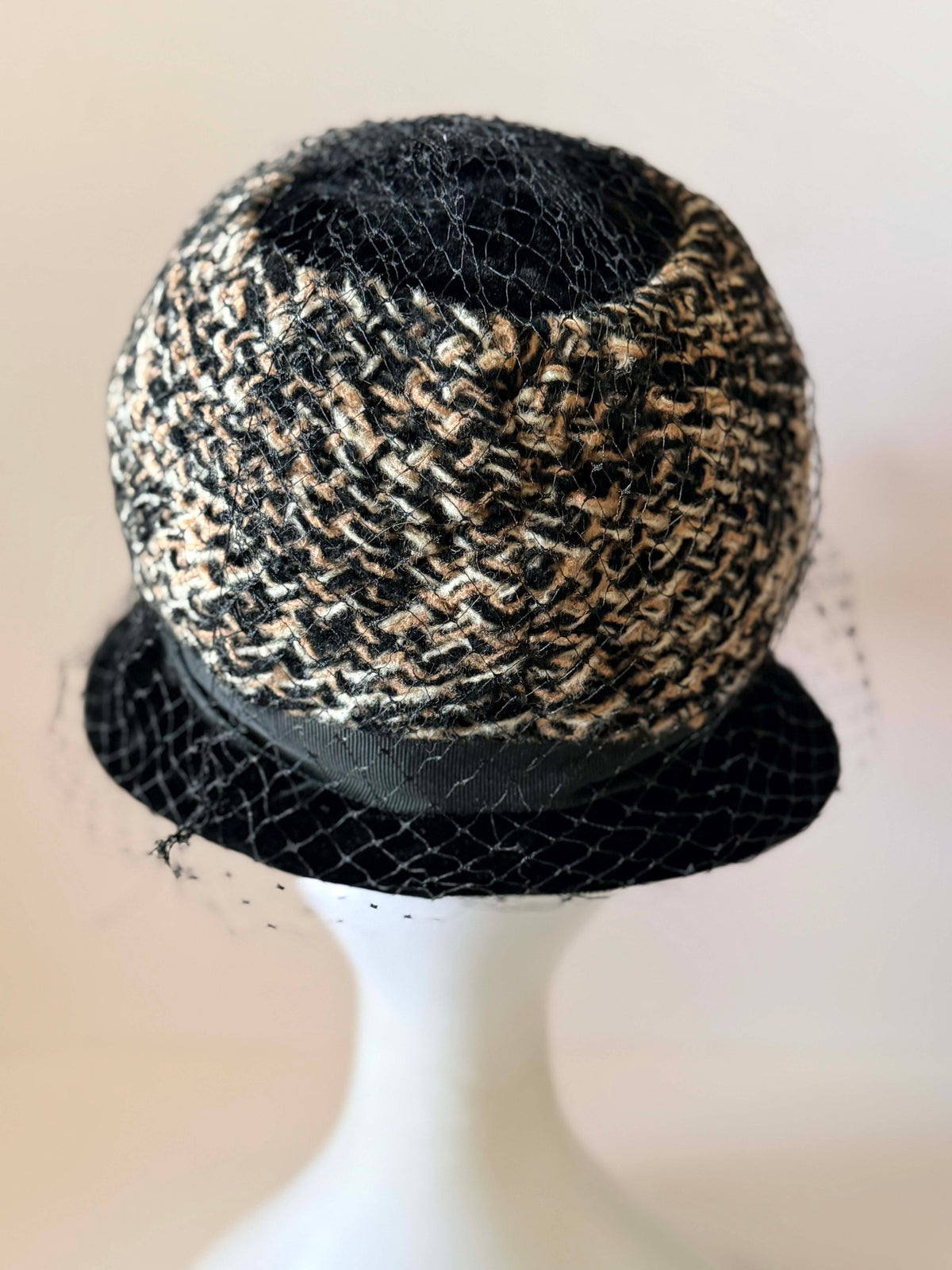 Vintage 1950s Black Velvet Tweed Cloche Hat Black Veil Bow Women's Mid Century Cocktail Church Millinery