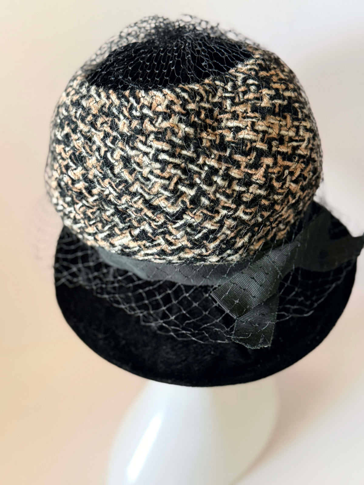 Vintage 1950s Black Velvet Tweed Cloche Hat Black Veil Bow Women's Mid Century Cocktail Church Millinery