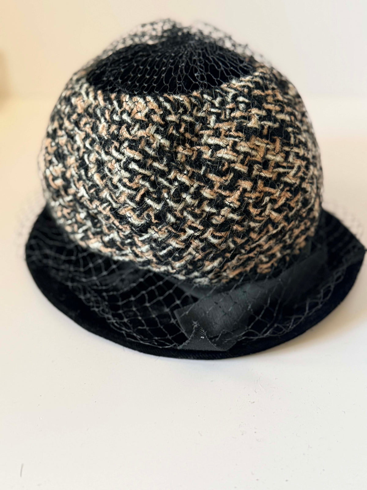 Vintage 1950s Black Velvet Tweed Cloche Hat Black Veil Bow Women's Mid Century Cocktail Church Millinery