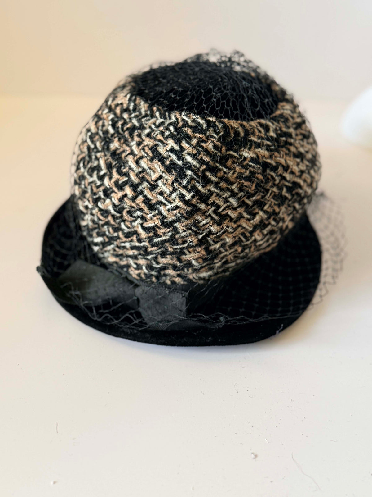 Vintage 1950s Black Velvet Tweed Cloche Hat Black Veil Bow Women's Mid Century Cocktail Church Millinery