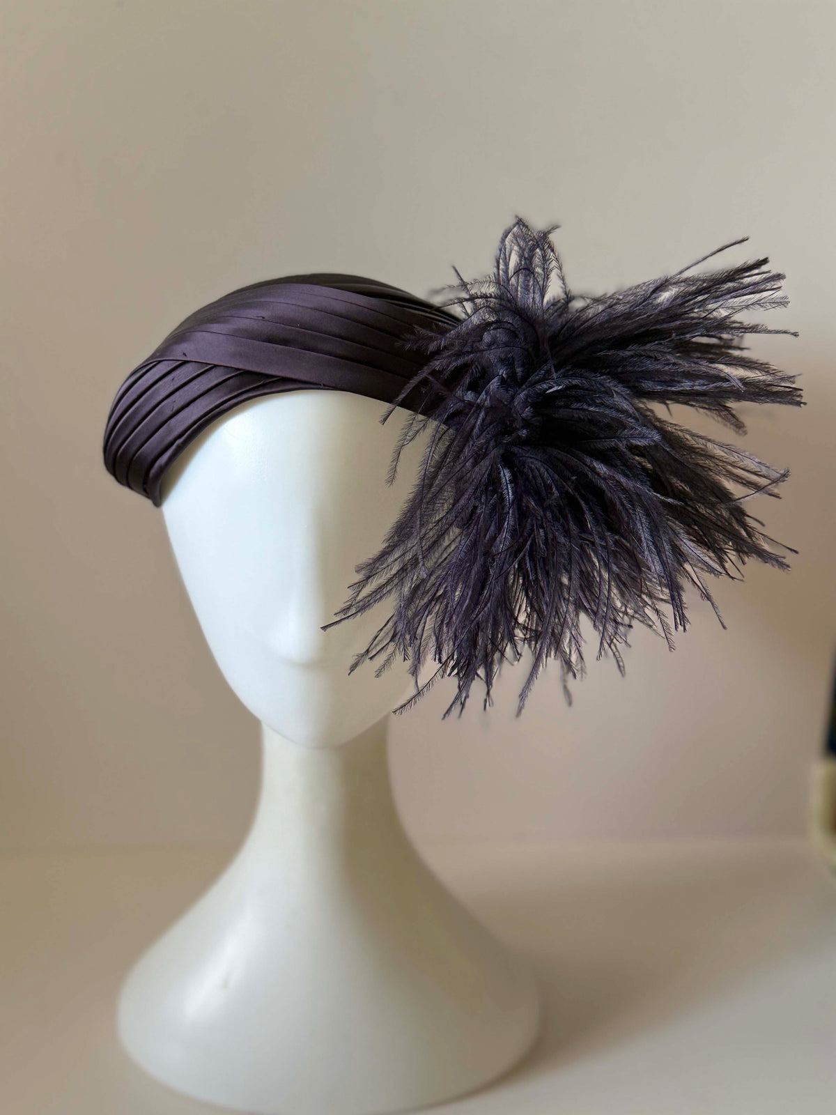 Vintage 1940s Modern Miss Dark Brown Satin Tilt Hat Ostrich Feather Plume Pleated Ribbon Women's Cocktail Millinery