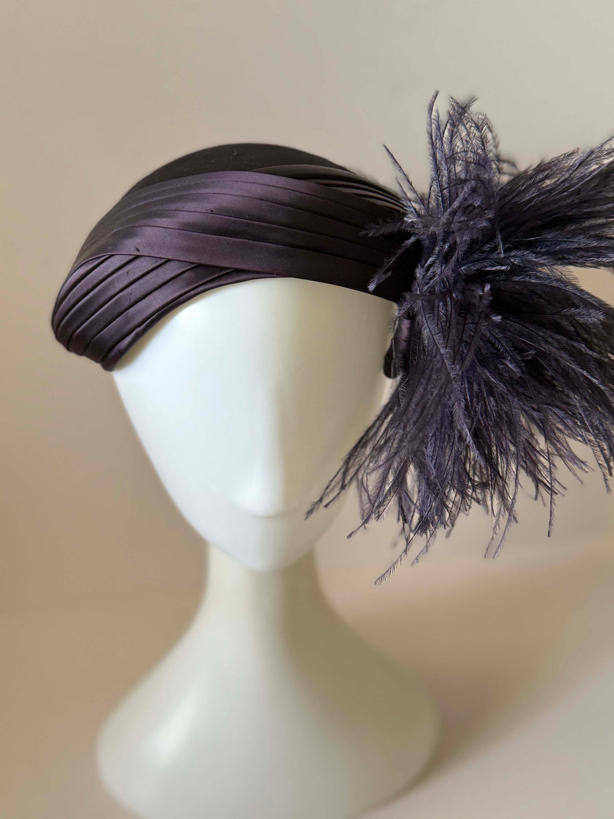 Vintage 1940s Modern Miss Dark Brown Satin Tilt Hat Ostrich Feather Plume Pleated Ribbon Women's Cocktail Millinery