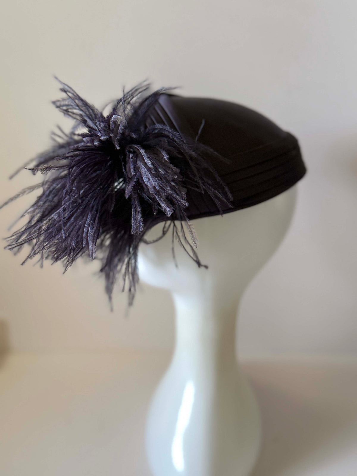 Vintage 1940s Modern Miss Dark Brown Satin Tilt Hat Ostrich Feather Plume Pleated Ribbon Women's Cocktail Millinery
