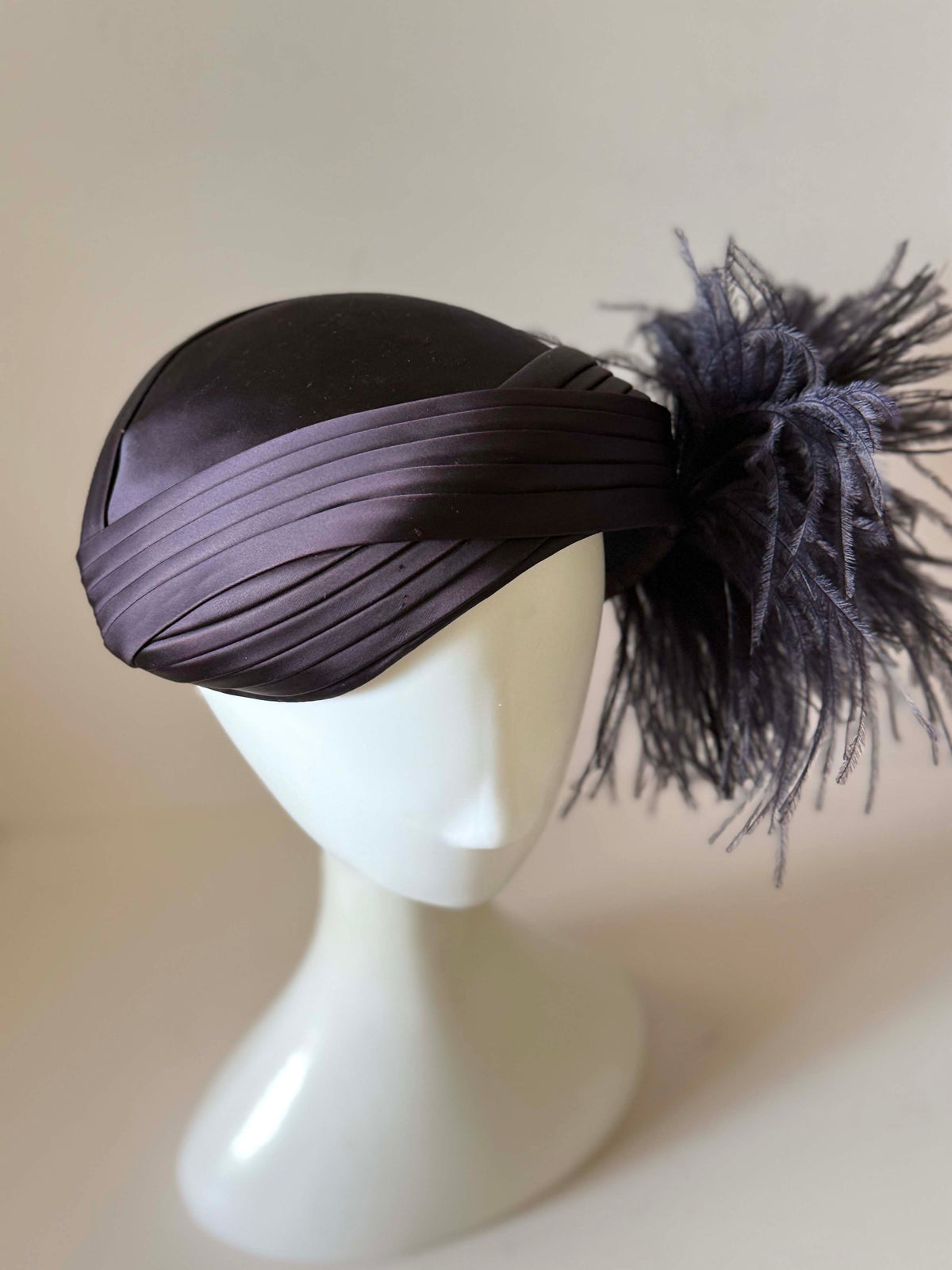 Vintage 1940s Modern Miss Dark Brown Satin Tilt Hat Ostrich Feather Plume Pleated Ribbon Women's Cocktail Millinery