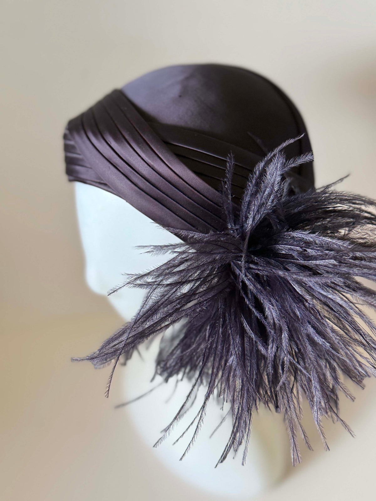 Vintage 1940s Modern Miss Dark Brown Satin Tilt Hat Ostrich Feather Plume Pleated Ribbon Women's Cocktail Millinery