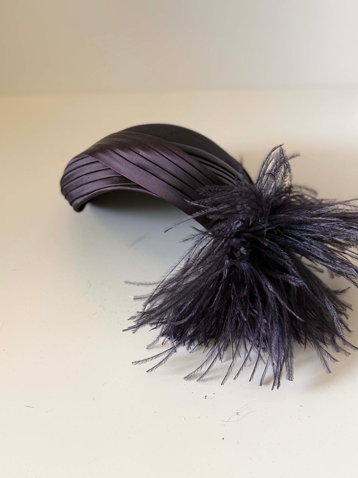 Vintage 1940s Modern Miss Dark Brown Satin Tilt Hat Ostrich Feather Plume Pleated Ribbon Women's Cocktail Millinery