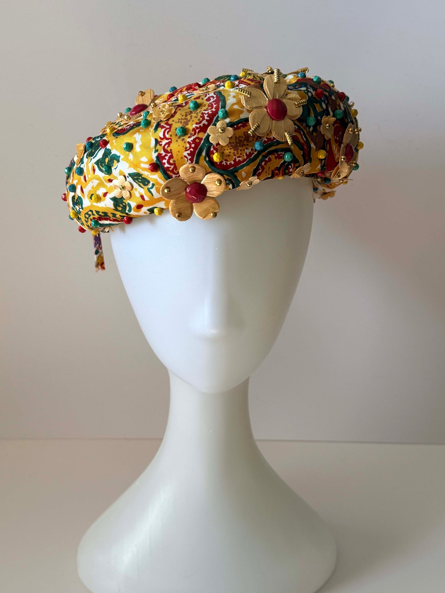 Vintage 1960s Beaded Floral Pillbox Hat – Embellished Tapestry Mod Hat