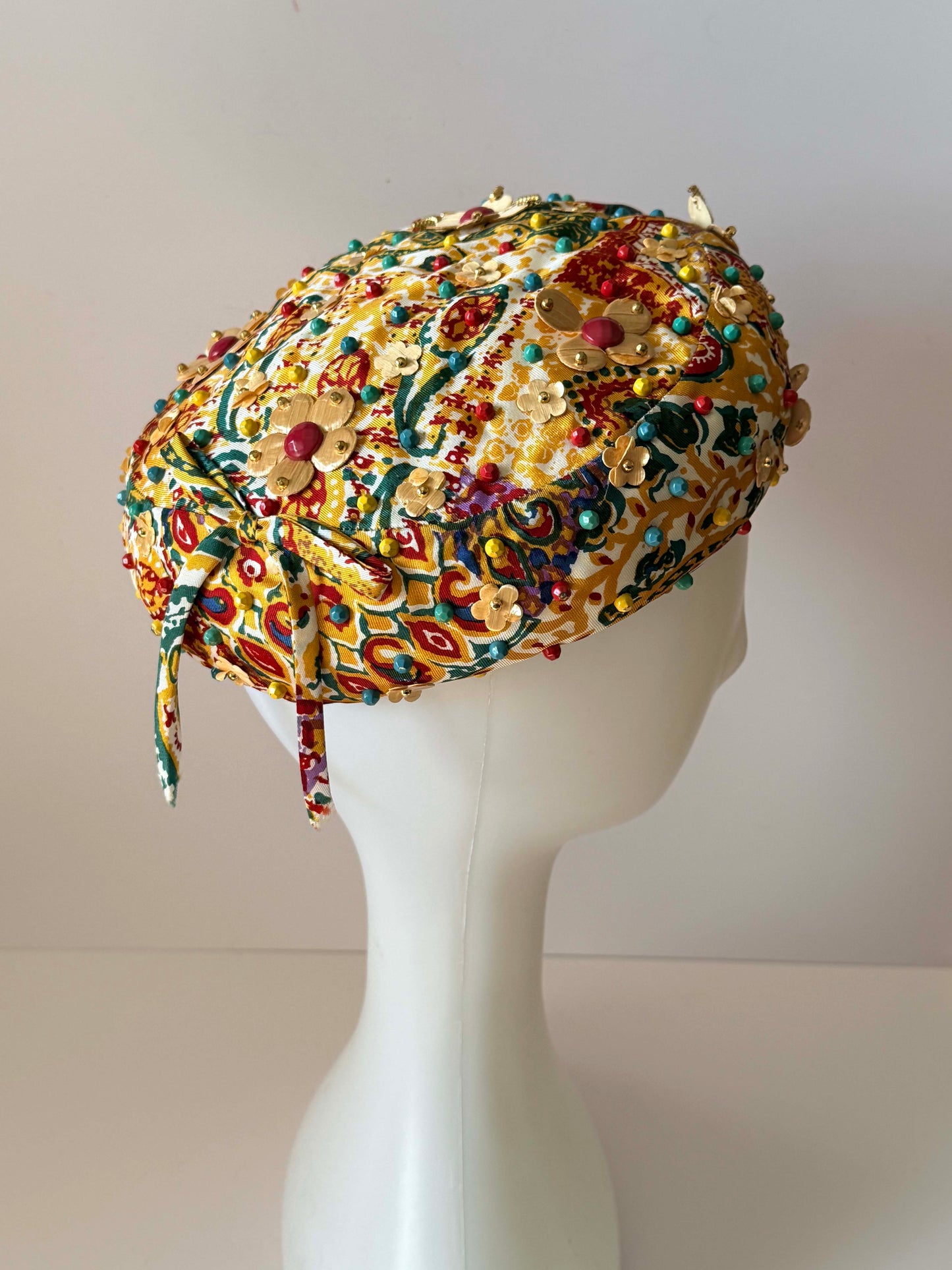 Vintage 1960s Beaded Floral Pillbox Hat – Embellished Tapestry Mod Hat