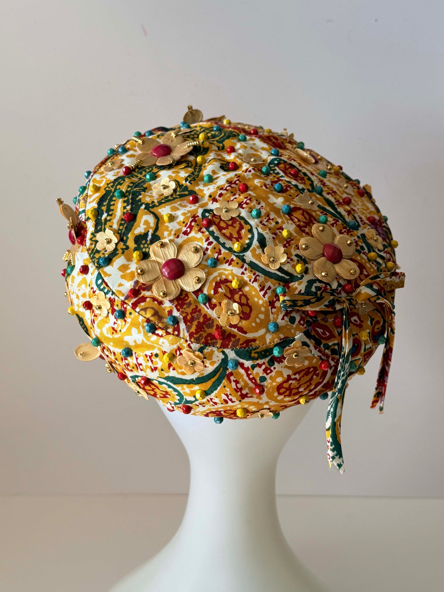 Vintage 1960s Beaded Floral Pillbox Hat – Embellished Tapestry Mod Hat