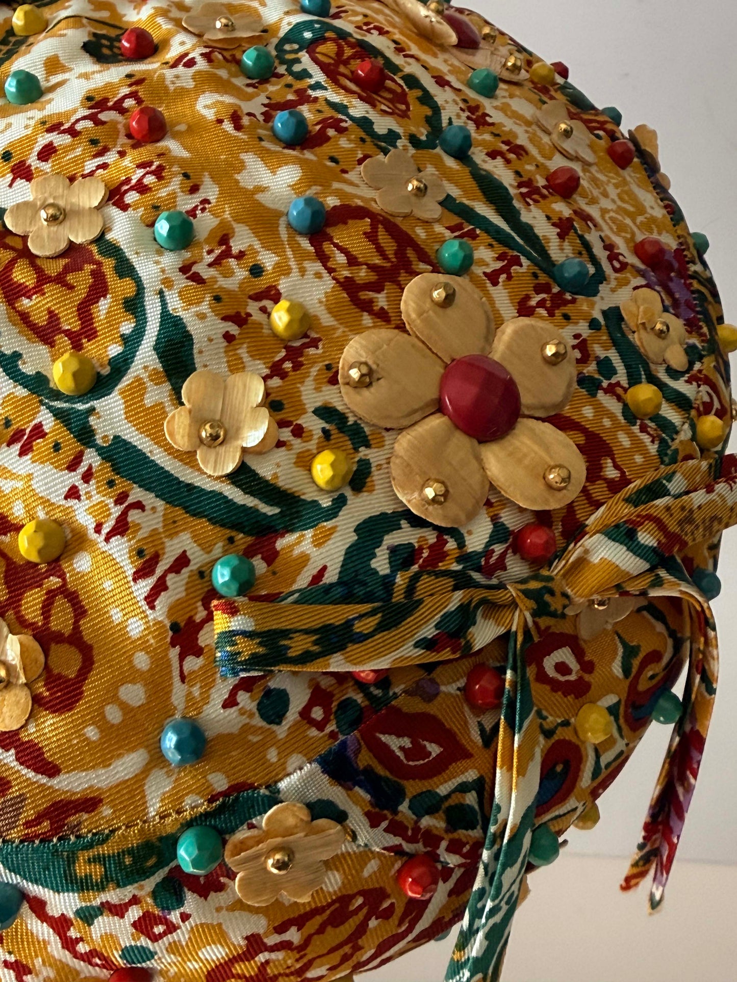 Vintage 1960s Beaded Floral Pillbox Hat – Embellished Tapestry Mod Hat
