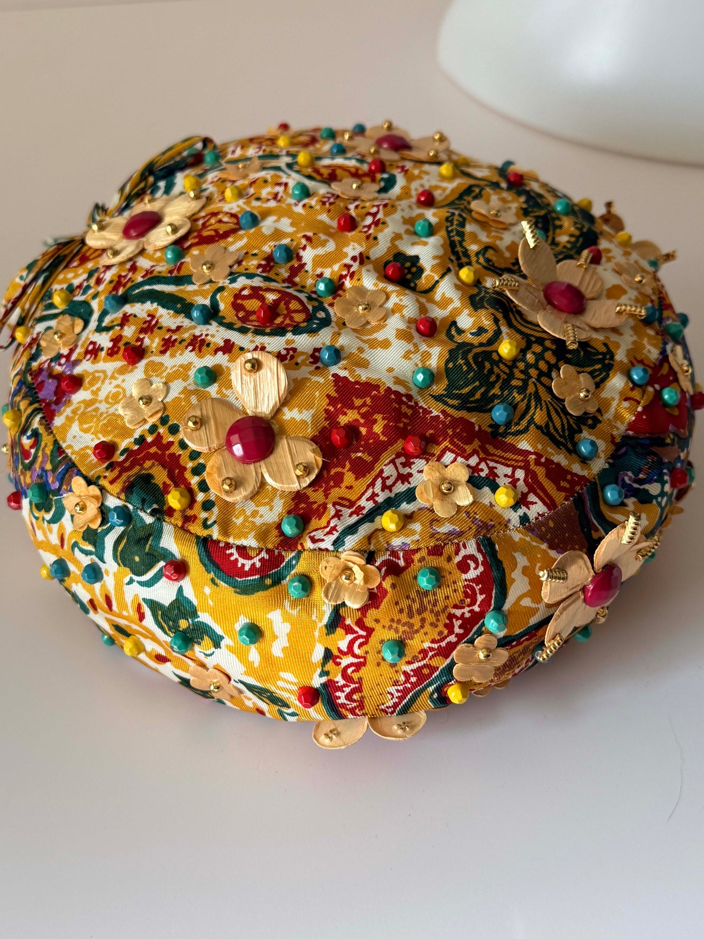 Vintage 1960s Beaded Floral Pillbox Hat – Embellished Tapestry Mod Hat