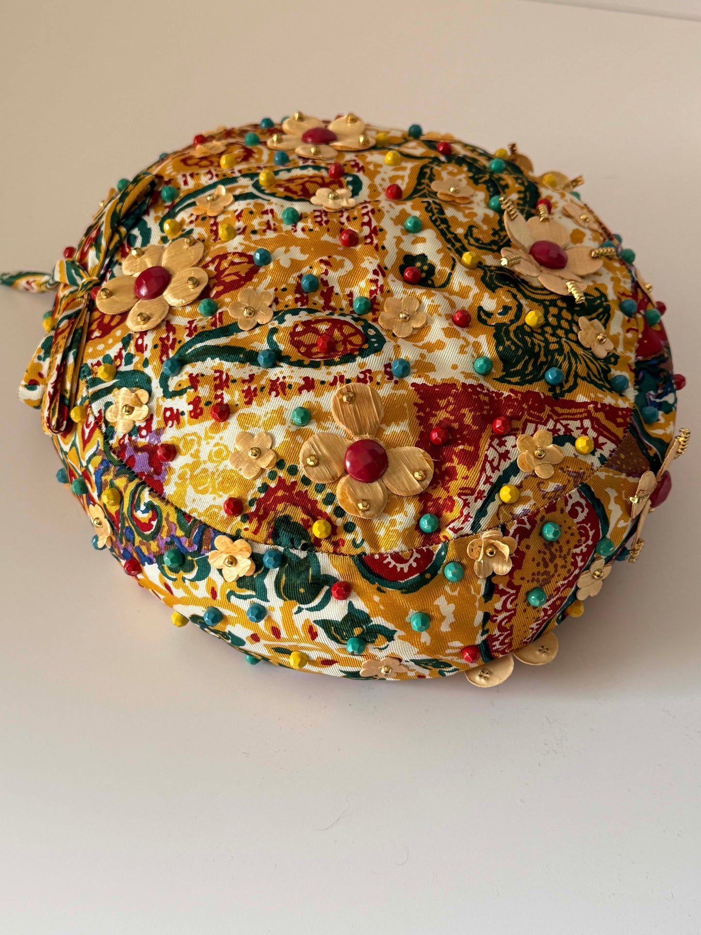 Vintage 1960s Beaded Floral Pillbox Hat – Embellished Tapestry Mod Hat