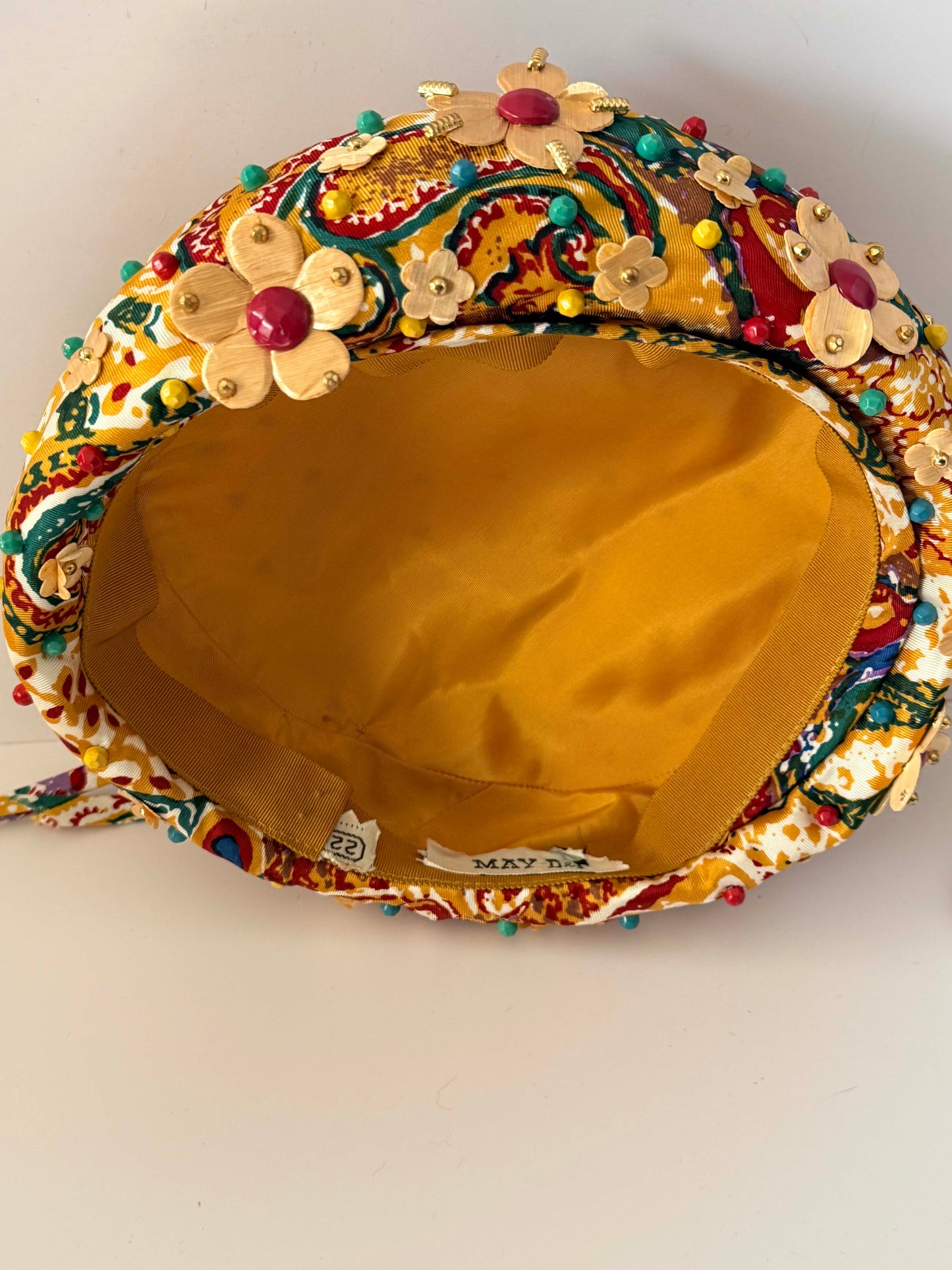 Vintage 1960s Beaded Floral Pillbox Hat – Embellished Tapestry Mod Hat