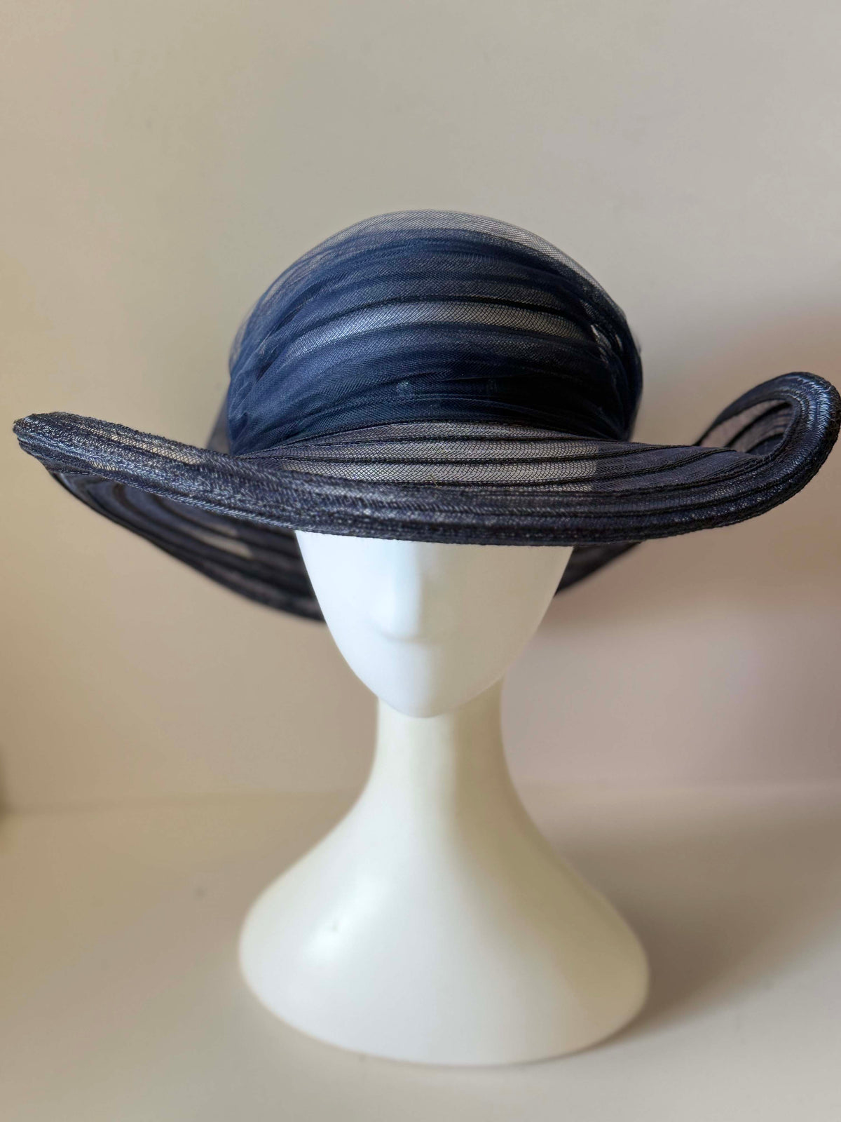 Vintage 1960s Navy Blue Sheer Wide Brim Picture Hat Pale Green Floral Trim Bow Women's Mid Century Formal Garden Party Hat