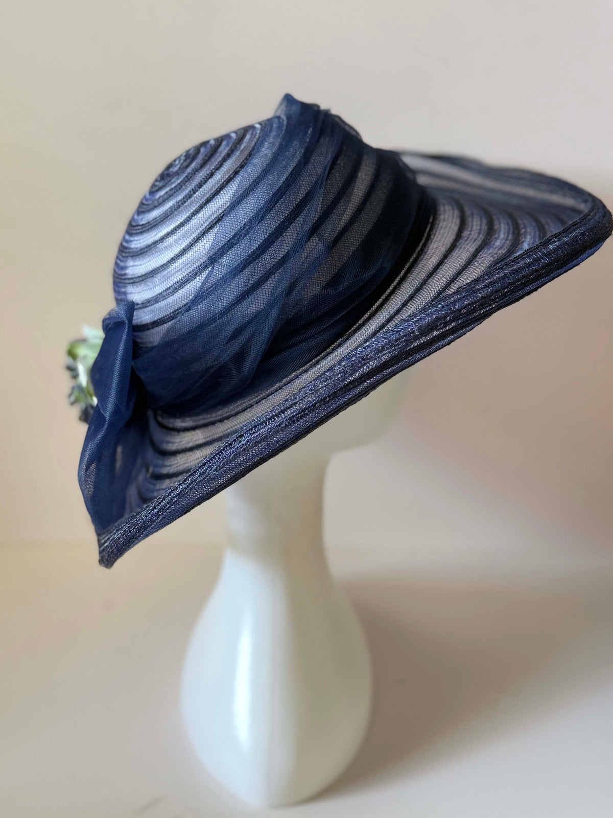 Vintage 1960s Navy Blue Sheer Wide Brim Picture Hat Pale Green Floral Trim Bow Women's Mid Century Formal Garden Party Hat