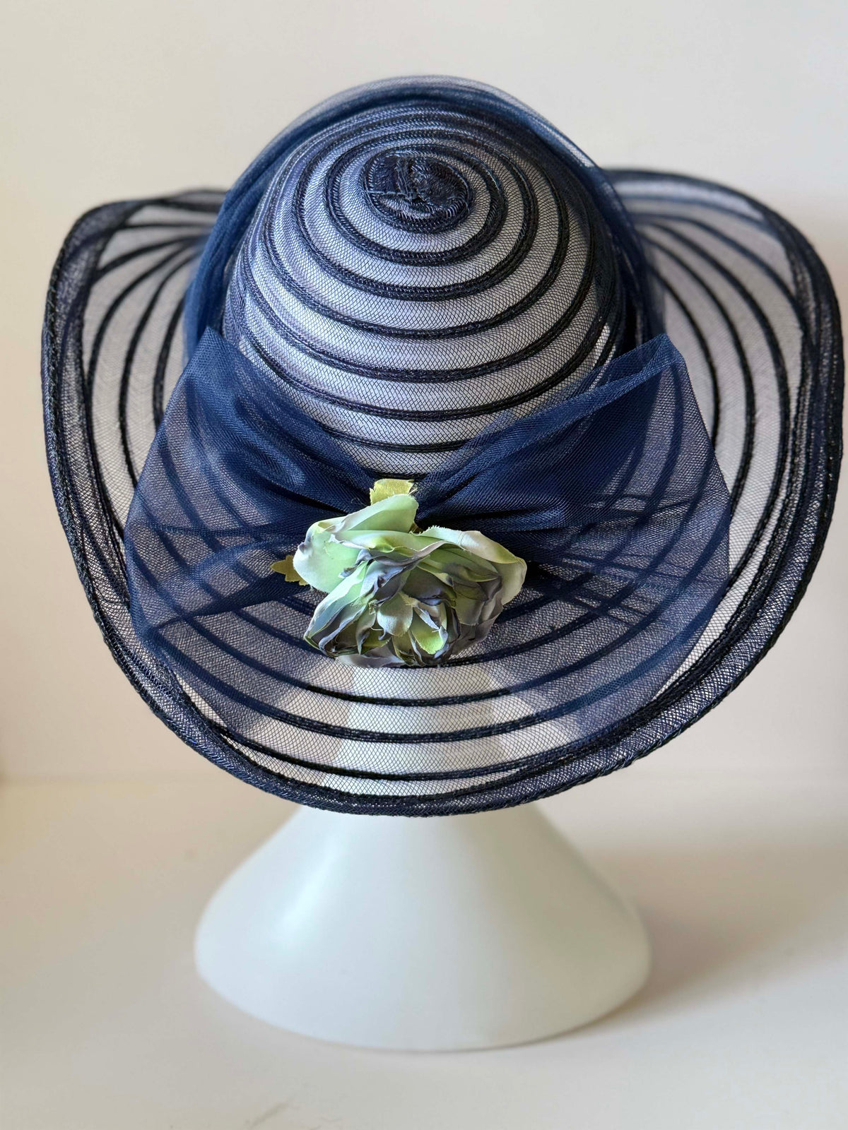 Vintage 1960s Navy Blue Sheer Wide Brim Picture Hat Pale Green Floral Trim Bow Women's Mid Century Formal Garden Party Hat