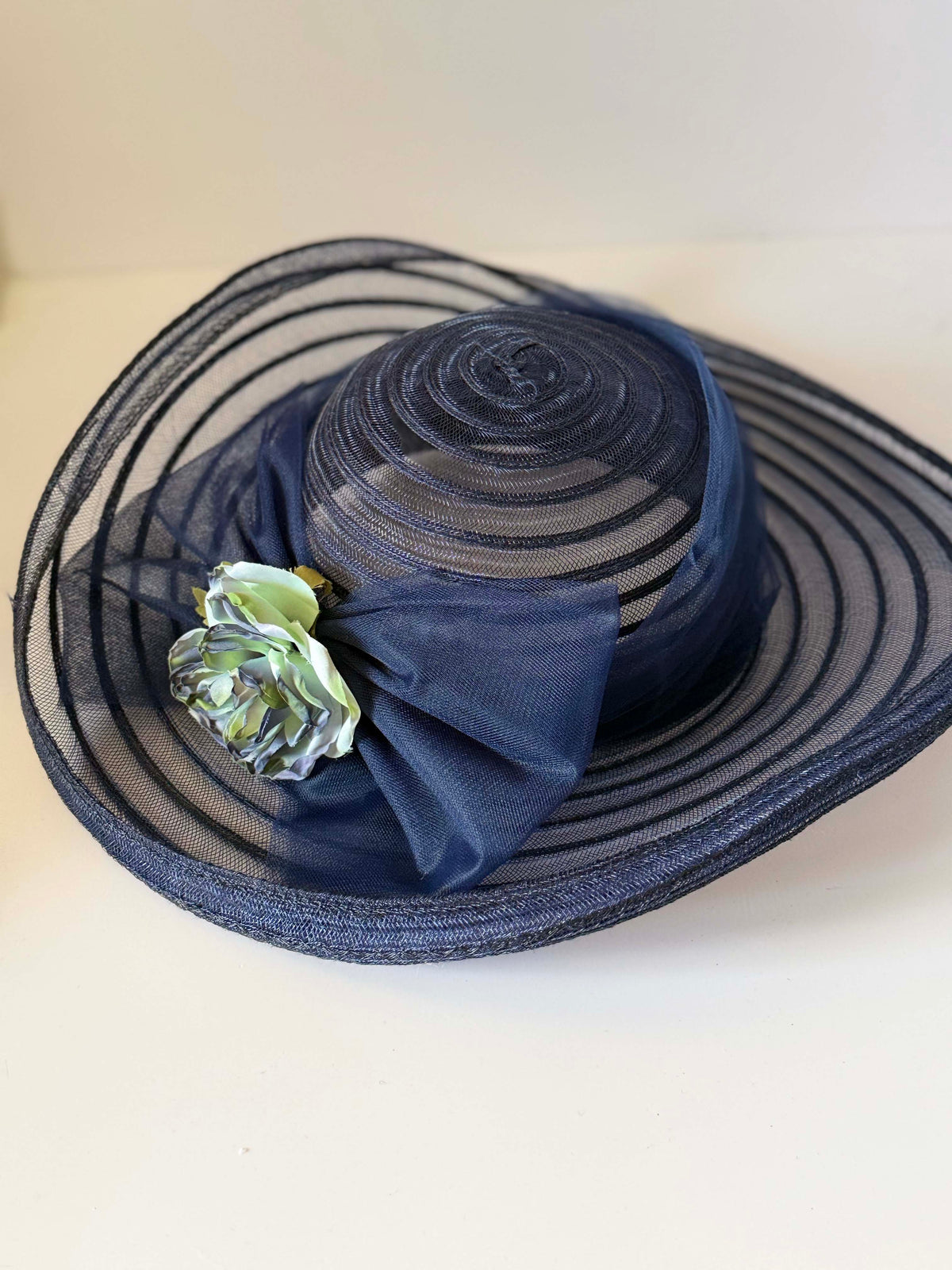 Vintage 1960s Navy Blue Sheer Wide Brim Picture Hat Pale Green Floral Trim Bow Women's Mid Century Formal Garden Party Hat