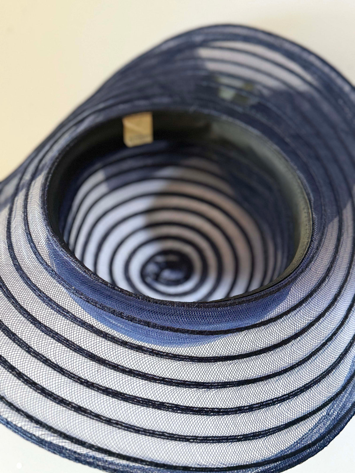 Vintage 1960s Navy Blue Sheer Wide Brim Picture Hat Pale Green Floral Trim Bow Women's Mid Century Formal Garden Party Hat