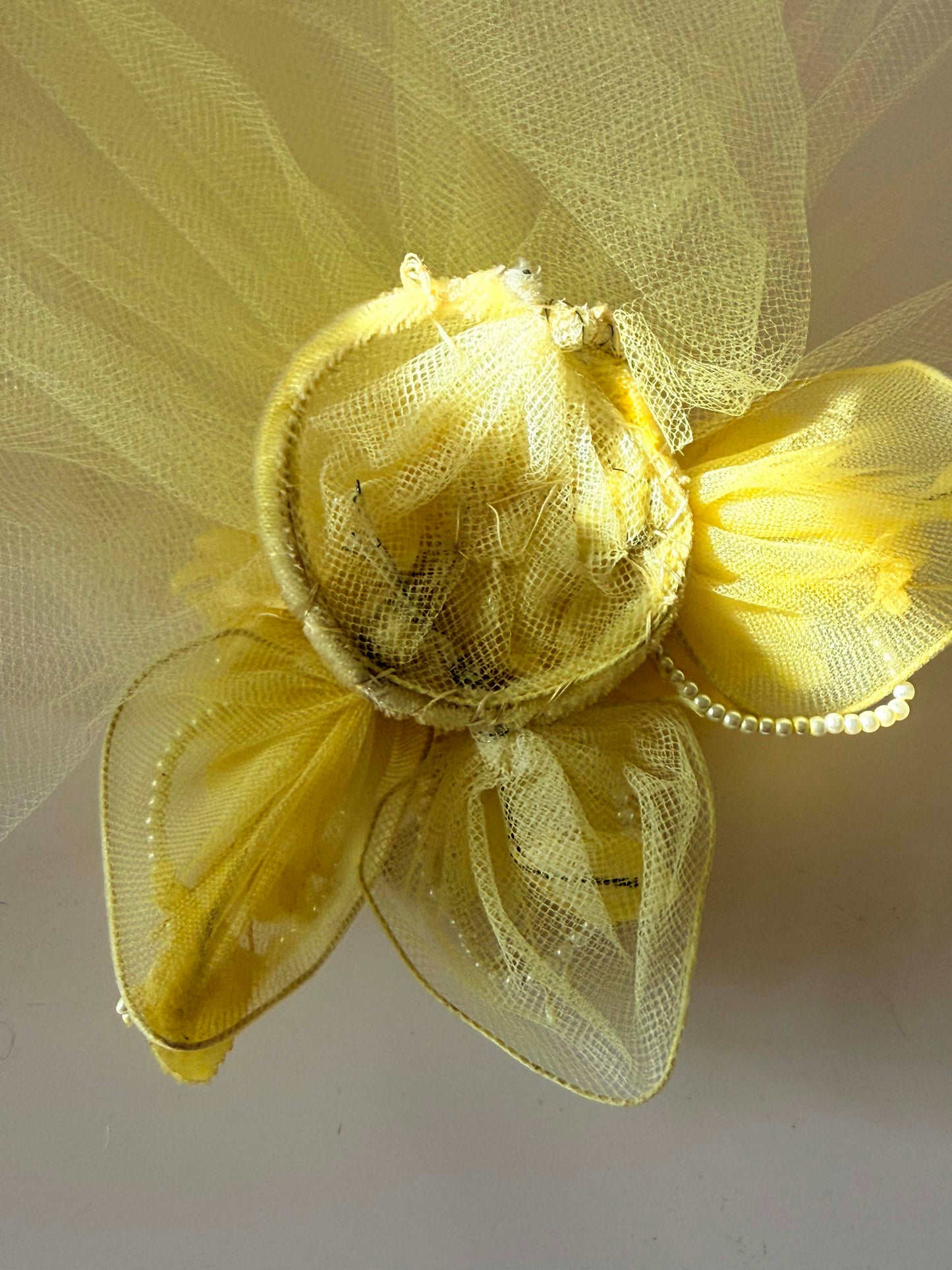 Vintage 1950s Yellow Floral Veil - Spring Summer Bride – Net Tulle Cocktail Headpiece