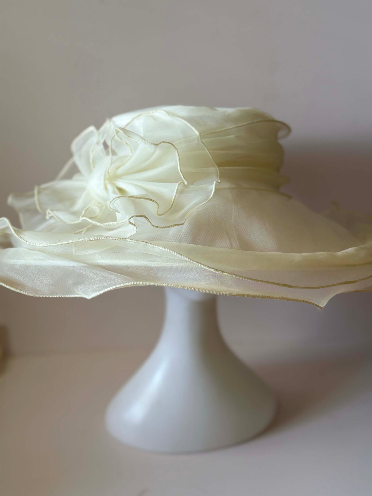 Vintage 1990s Betmar Ivory Organza Wide Brim Hat Sheer Ruffled Brim Bow Women's Bridal Wedding Church Garden Party Hat