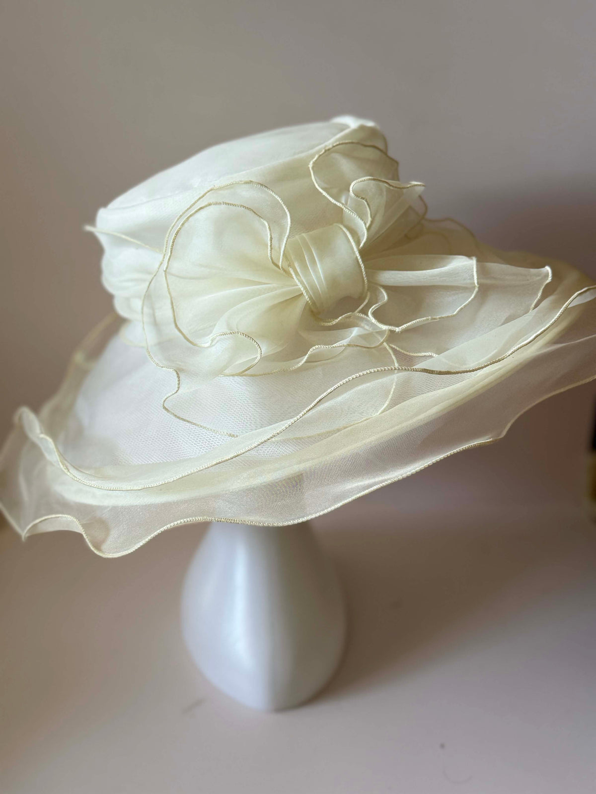 Vintage 1990s Betmar Ivory Organza Wide Brim Hat Sheer Ruffled Brim Bow Women's Bridal Wedding Church Garden Party Hat