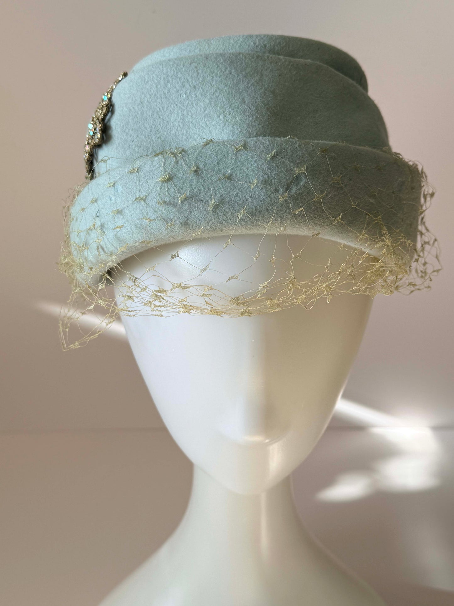 Vintage 1950s Powder Blue Felt Cocktail Hat – Rhinestone Accent Veil Hat by Elizabeth Ford