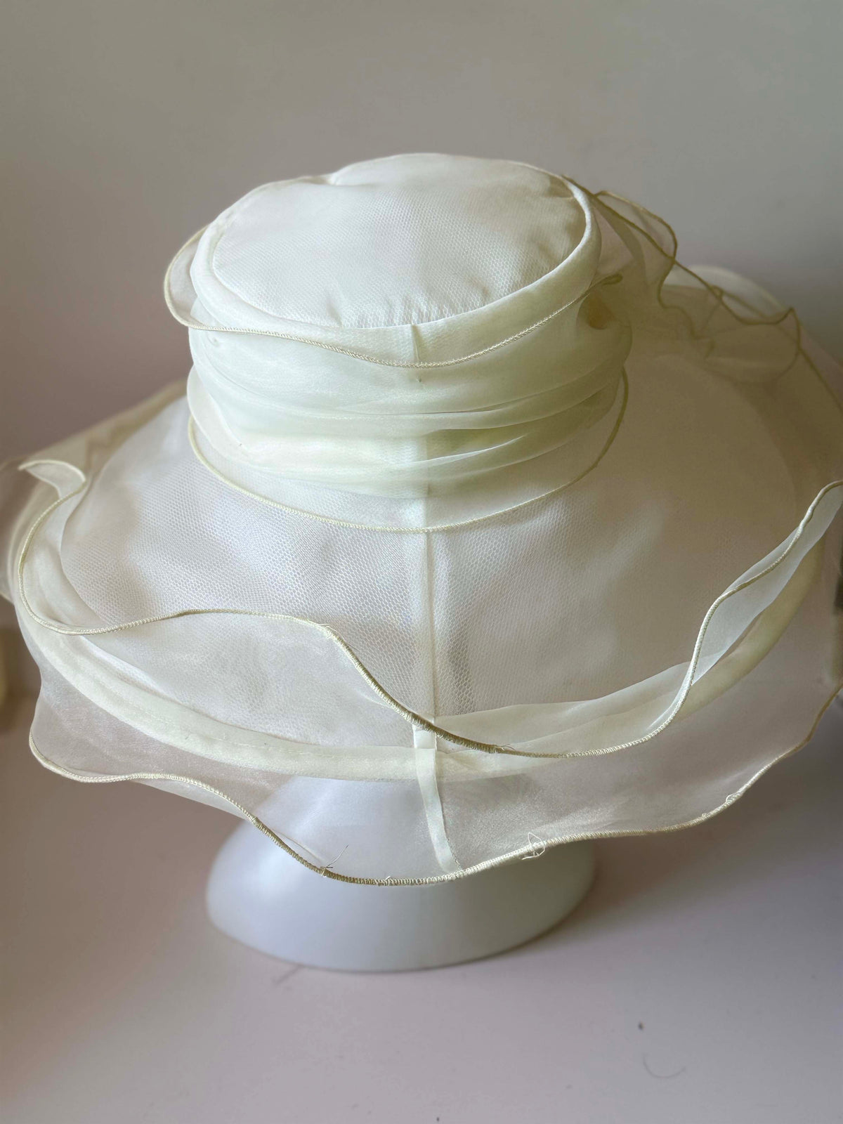 Vintage 1990s Betmar Ivory Organza Wide Brim Hat Sheer Ruffled Brim Bow Women's Bridal Wedding Church Garden Party Hat