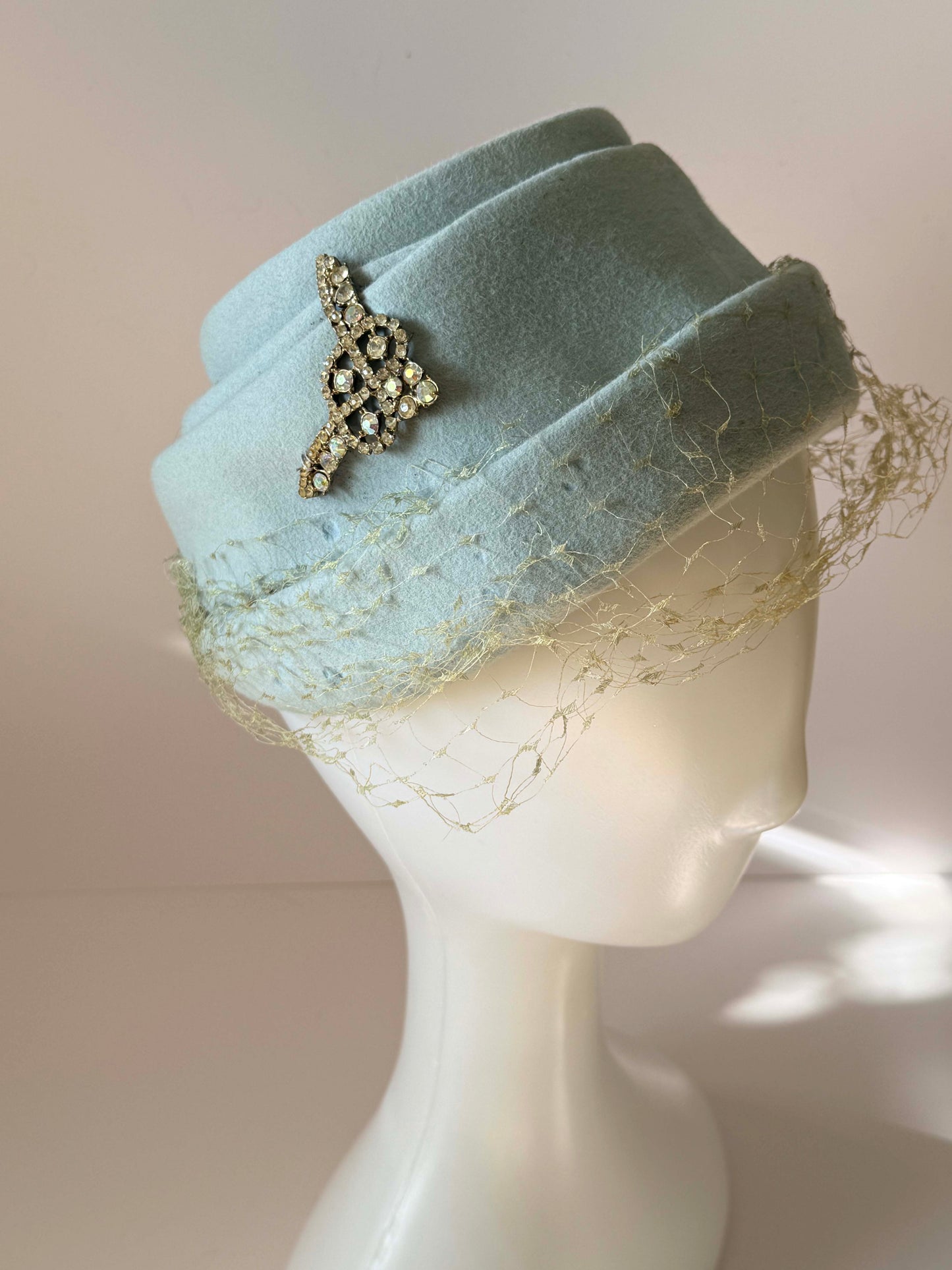 Vintage 1950s Powder Blue Felt Cocktail Hat – Rhinestone Accent Veil Hat by Elizabeth Ford