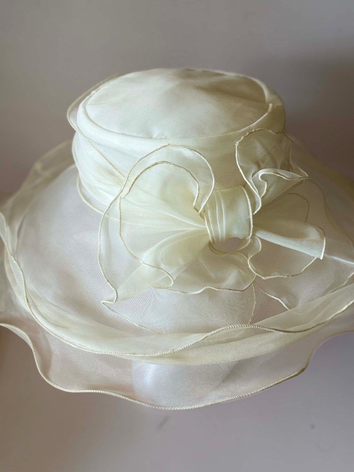 Vintage 1990s Betmar Ivory Organza Wide Brim Hat Sheer Ruffled Brim Bow Women's Bridal Wedding Church Garden Party Hat