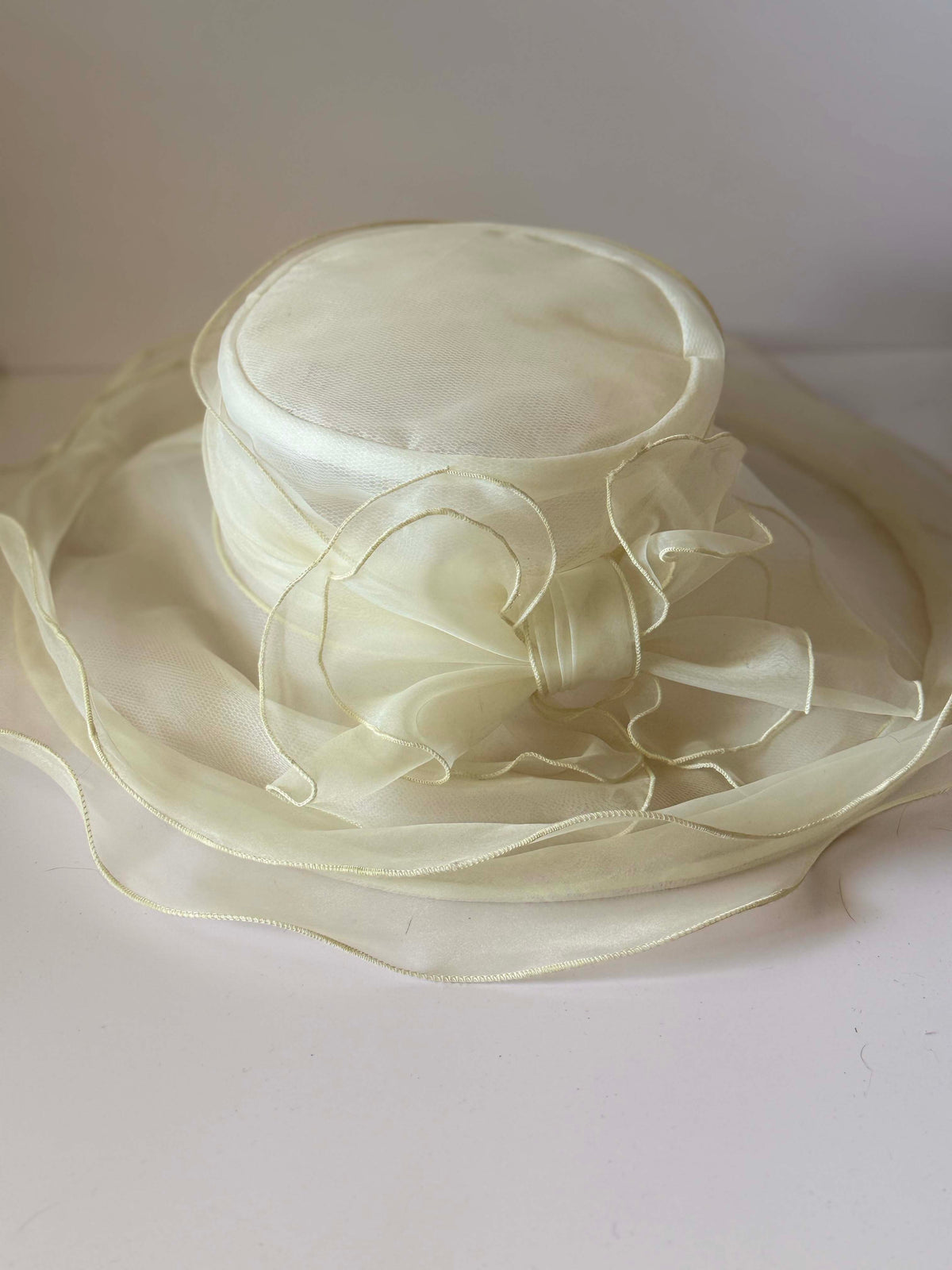 Vintage 1990s Betmar Ivory Organza Wide Brim Hat Sheer Ruffled Brim Bow Women's Bridal Wedding Church Garden Party Hat