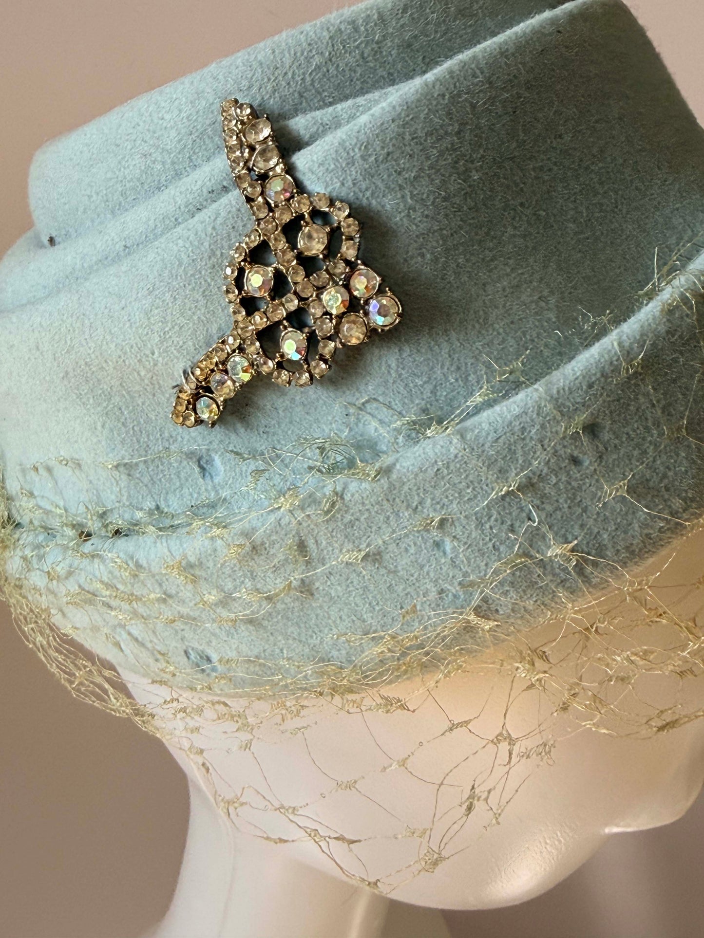 Vintage 1950s Powder Blue Felt Cocktail Hat – Rhinestone Accent Veil Hat by Elizabeth Ford