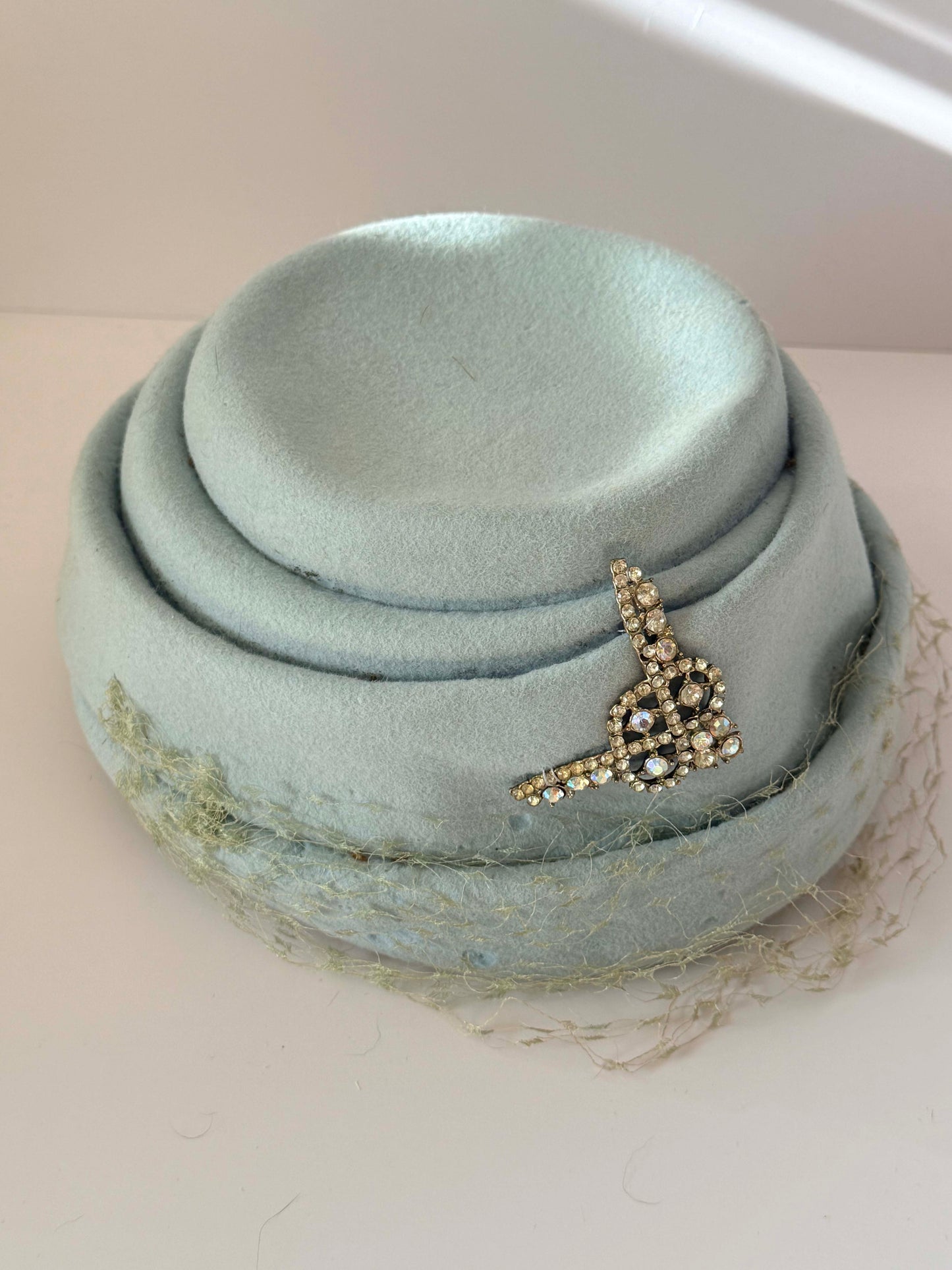 Vintage 1950s Powder Blue Felt Cocktail Hat – Rhinestone Accent Veil Hat by Elizabeth Ford