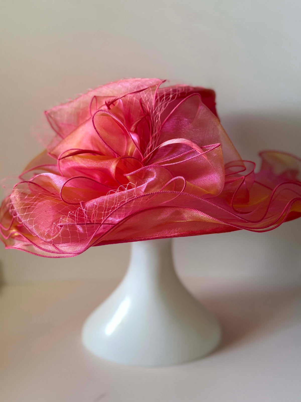 Vintage Hot Pink Fuchsia Organza Wide Brim Hat Ruffled Ribbon Netting Kentucky Derby Church Wedding Statement Hat