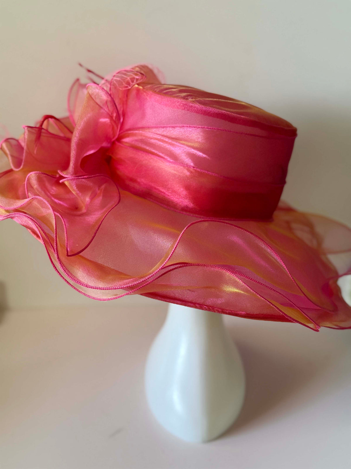 Vintage Hot Pink Fuchsia Organza Wide Brim Hat Ruffled Ribbon Netting Kentucky Derby Church Wedding Statement Hat