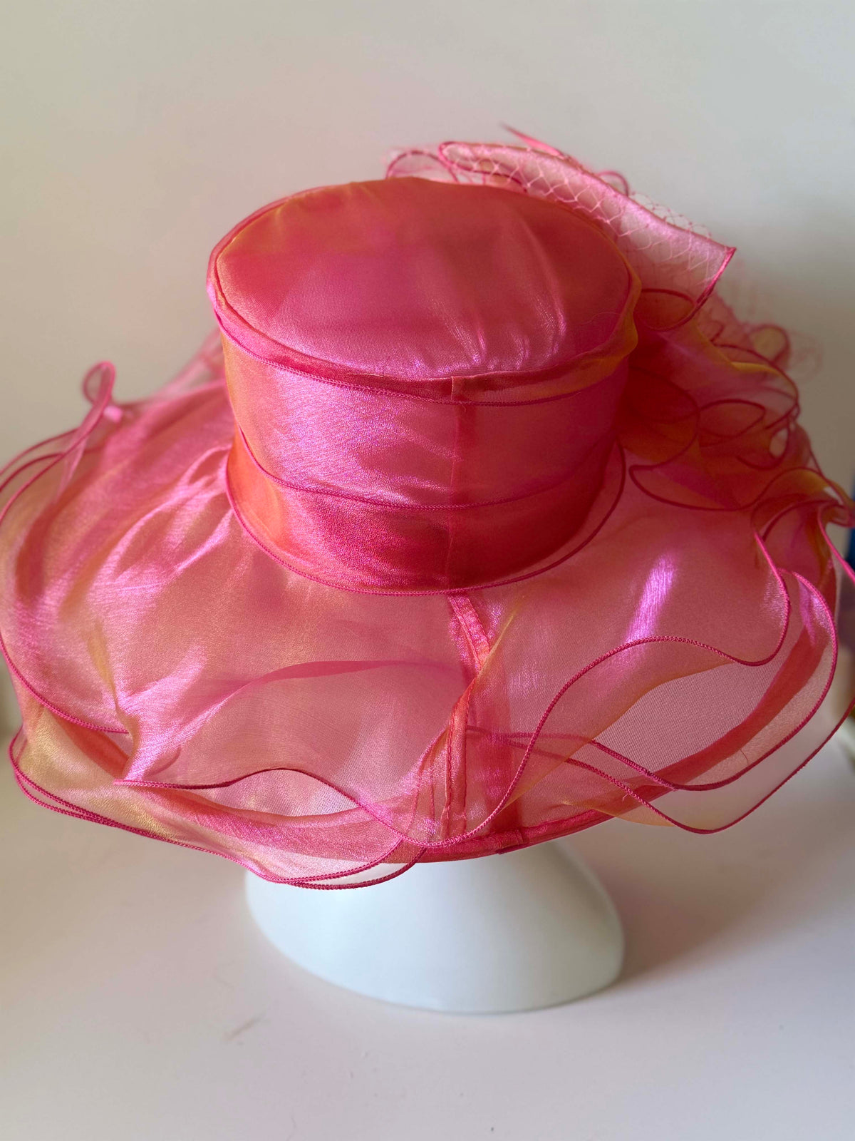 Vintage Hot Pink Fuchsia Organza Wide Brim Hat Ruffled Ribbon Netting Kentucky Derby Church Wedding Statement Hat