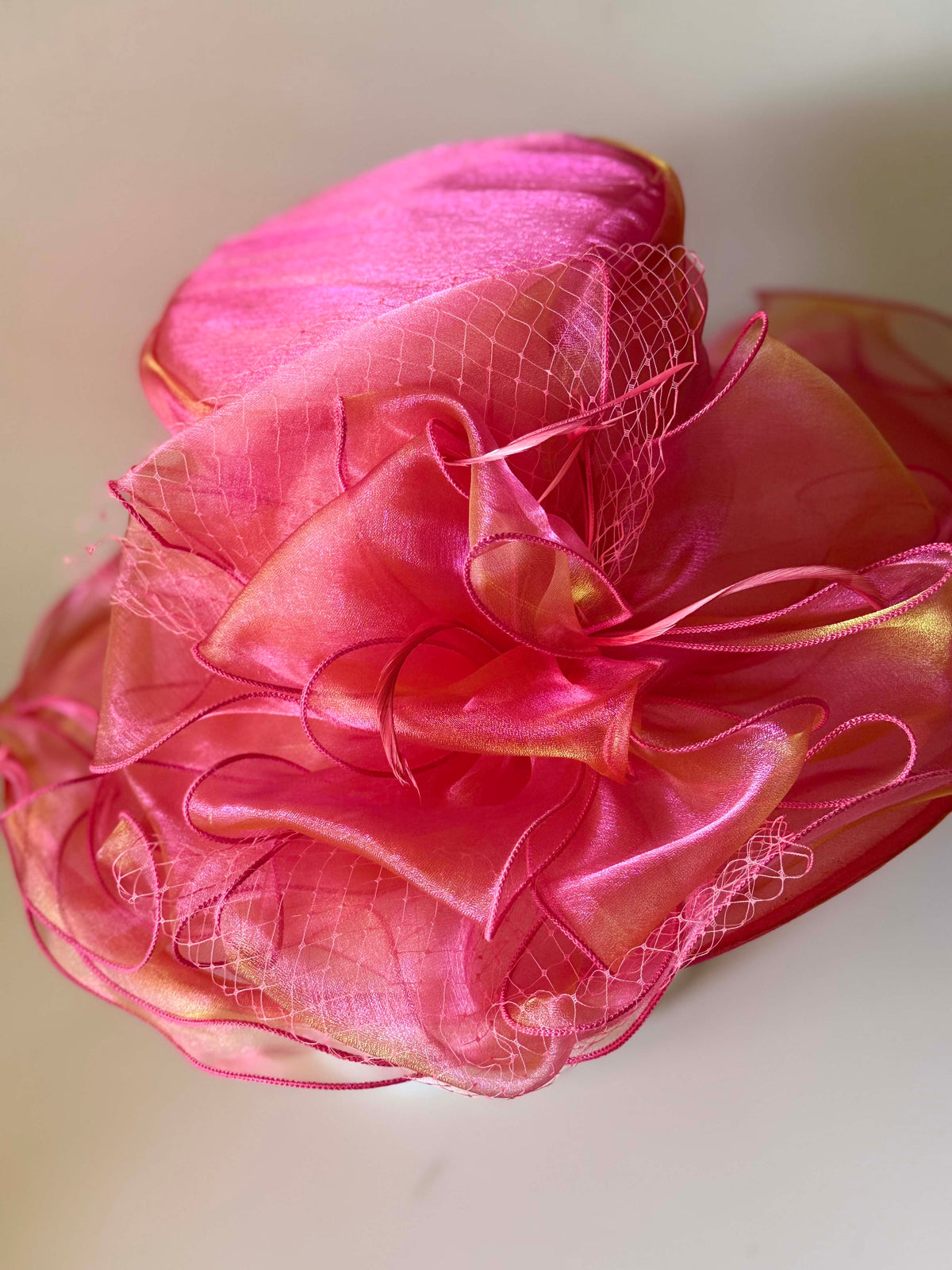 Vintage Hot Pink Fuchsia Organza Wide Brim Hat Ruffled Ribbon Netting Kentucky Derby Church Wedding Statement Hat