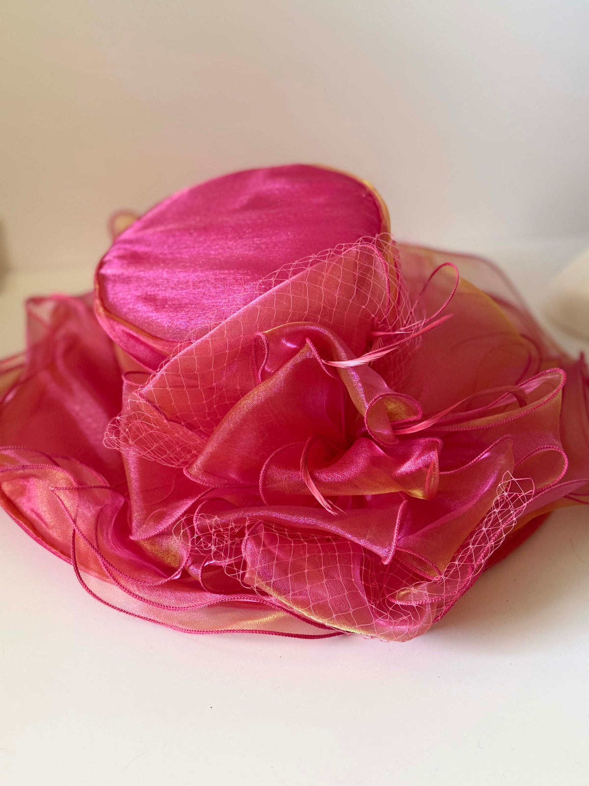 Vintage Hot Pink Fuchsia Organza Wide Brim Hat Ruffled Ribbon Netting Kentucky Derby Church Wedding Statement Hat