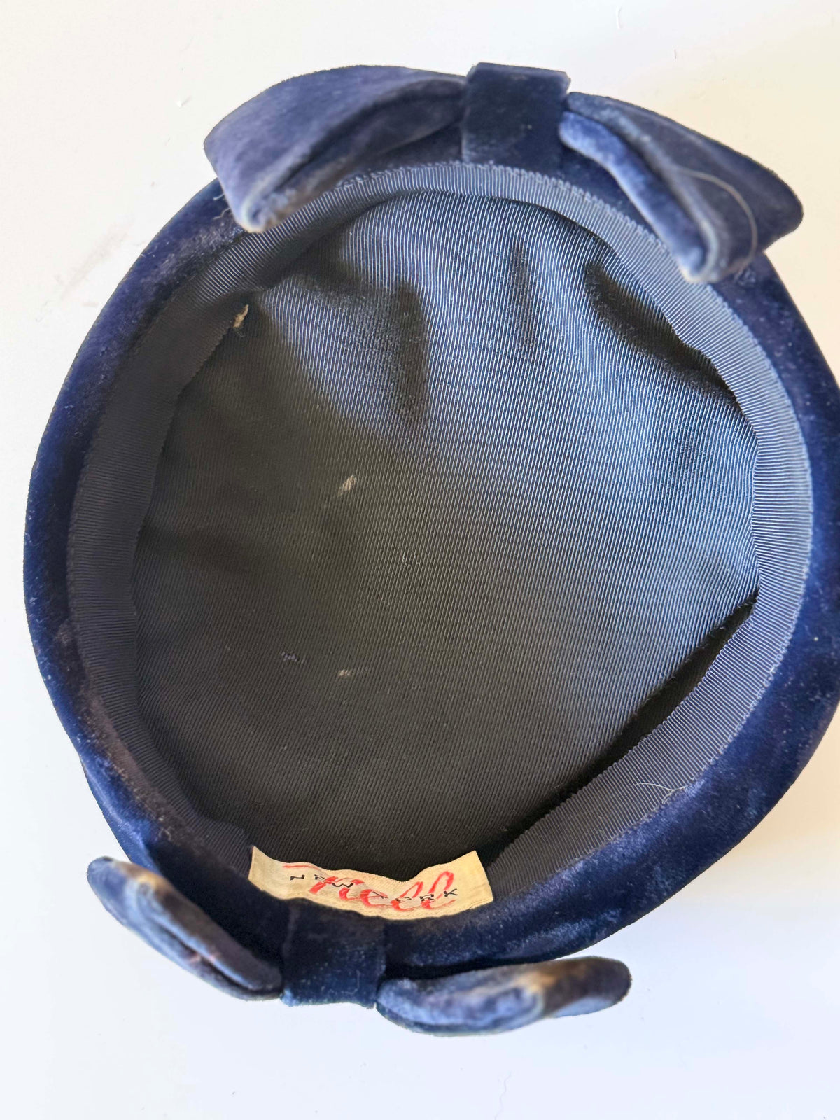 Vintage 1950s Nell New York Navy Blue Velvet Pillbox Hat Double Bow Women's Mid Century Cocktail Formal Hat
