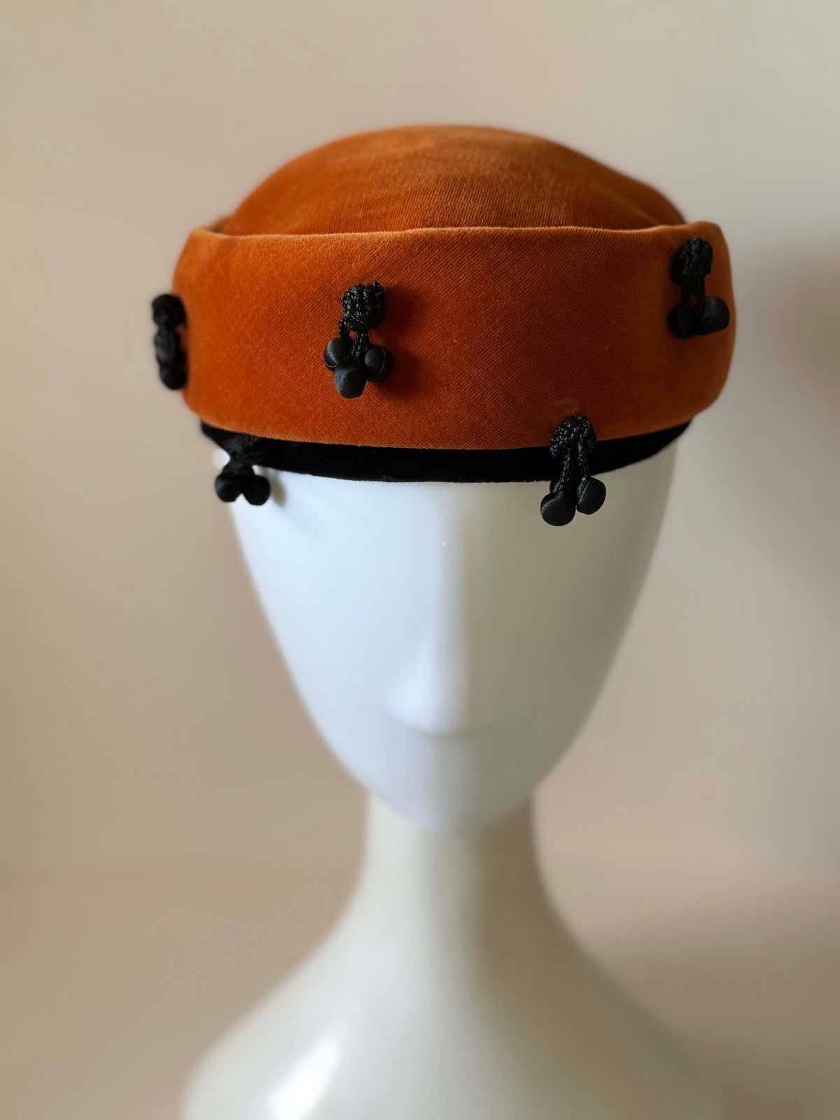 Vintage 1940s Burnt Orange Velvet Hat Black Passementerie Drop Trim Made in Germany Women's WWII Era Millinery