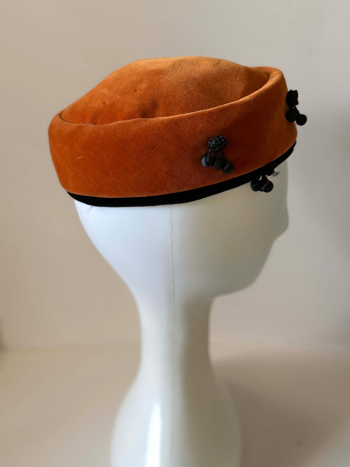 Vintage 1940s Burnt Orange Velvet Hat Black Passementerie Drop Trim Made in Germany Women's WWII Era Millinery