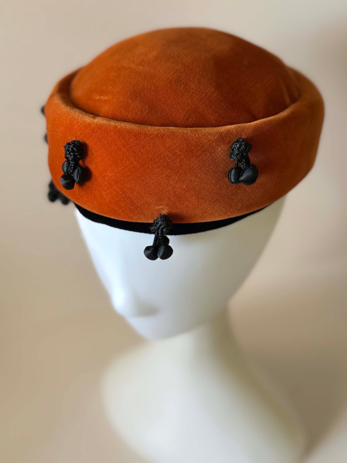 Vintage 1940s Burnt Orange Velvet Hat Black Passementerie Drop Trim Made in Germany Women's WWII Era Millinery