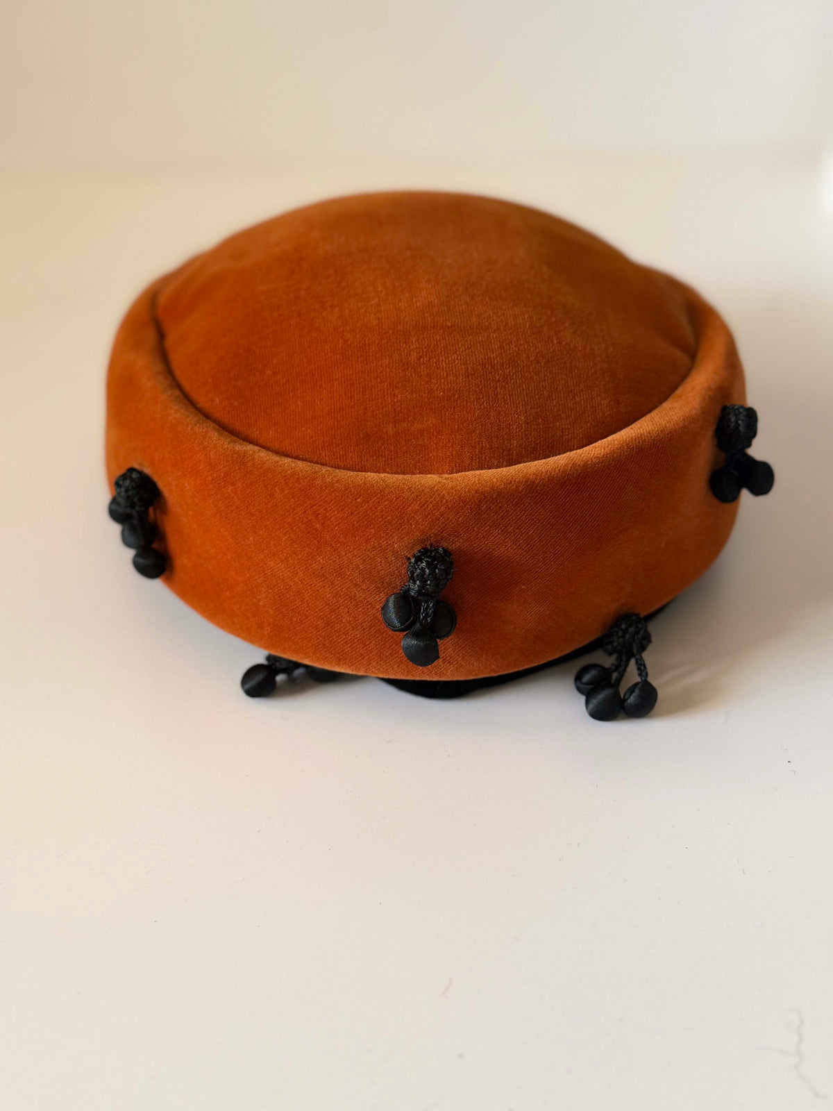 Vintage 1940s Burnt Orange Velvet Hat Black Passementerie Drop Trim Made in Germany Women's WWII Era Millinery