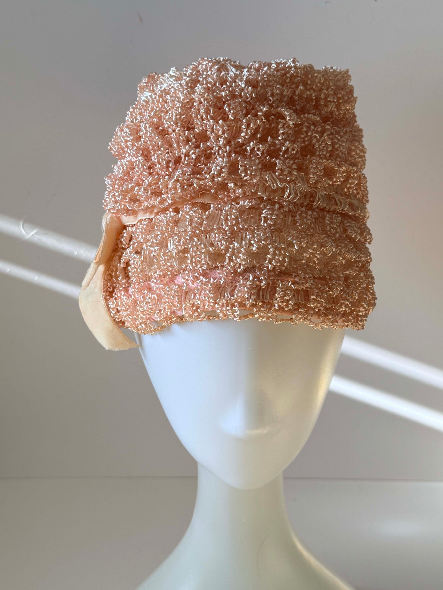 1960s Oleg Cassini Peach Beaded Hat – Textured Bouclé Cloche Bucket Hat – Couture Cocktail / Occasion Hat