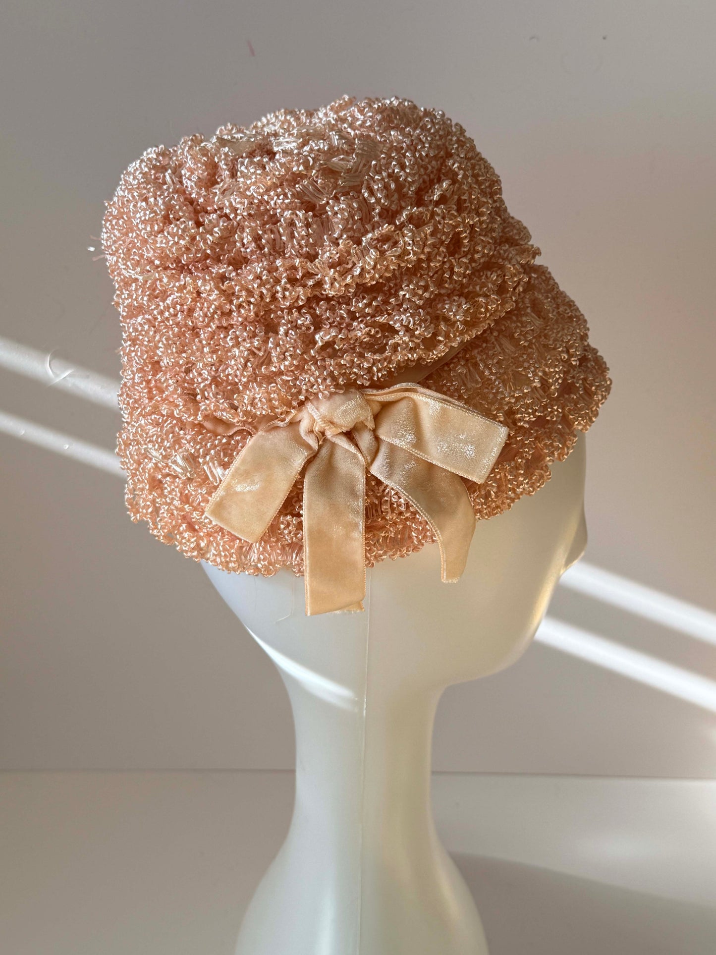 1960s Oleg Cassini Peach Beaded Hat – Textured Bouclé Cloche Bucket Hat – Couture Cocktail / Occasion Hat