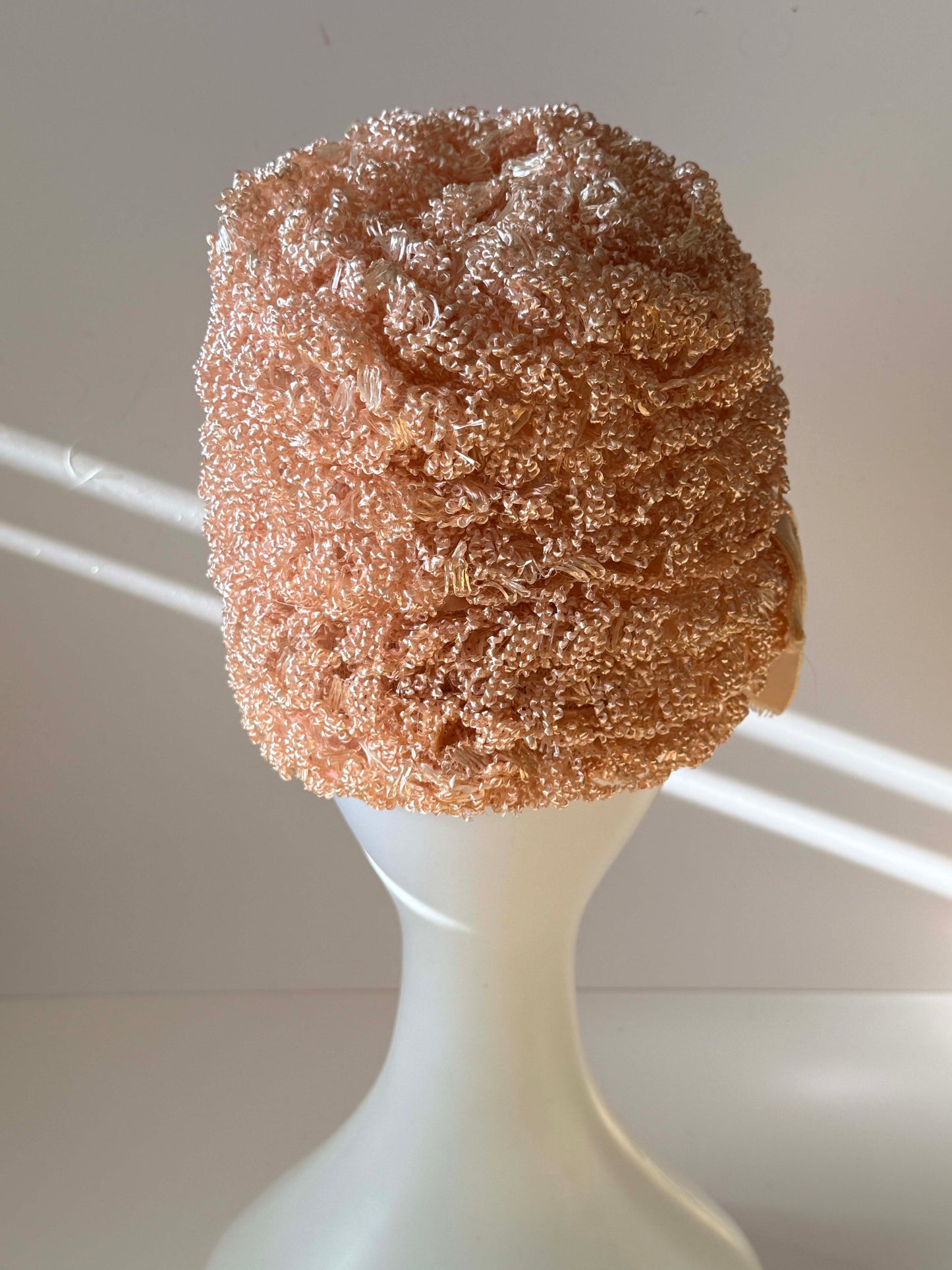 1960s Oleg Cassini Peach Beaded Hat – Textured Bouclé Cloche Bucket Hat – Couture Cocktail / Occasion Hat