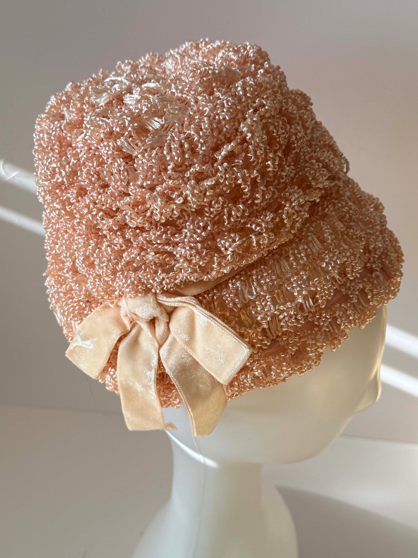 1960s Oleg Cassini Peach Beaded Hat – Textured Bouclé Cloche Bucket Hat – Couture Cocktail / Occasion Hat