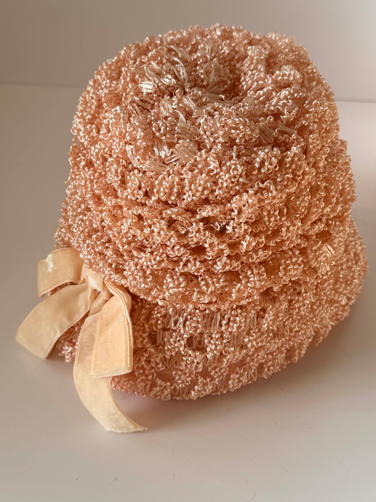 1960s Oleg Cassini Peach Beaded Hat – Textured Bouclé Cloche Bucket Hat – Couture Cocktail / Occasion Hat